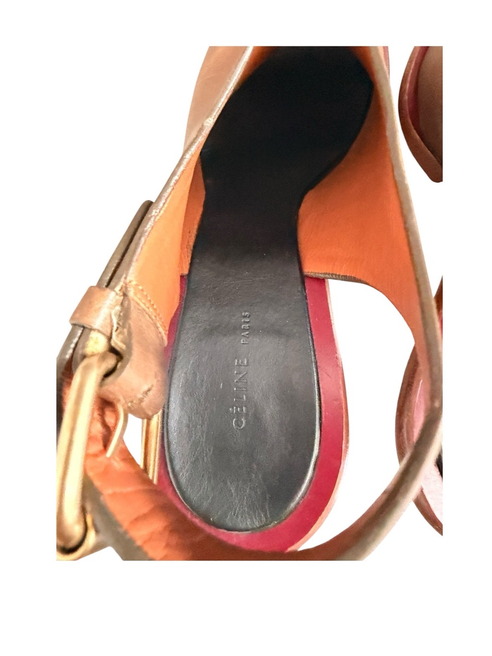 Celine Brown Leather Sandals with Red Trim and Gold Buckle - Picture 5 of 6